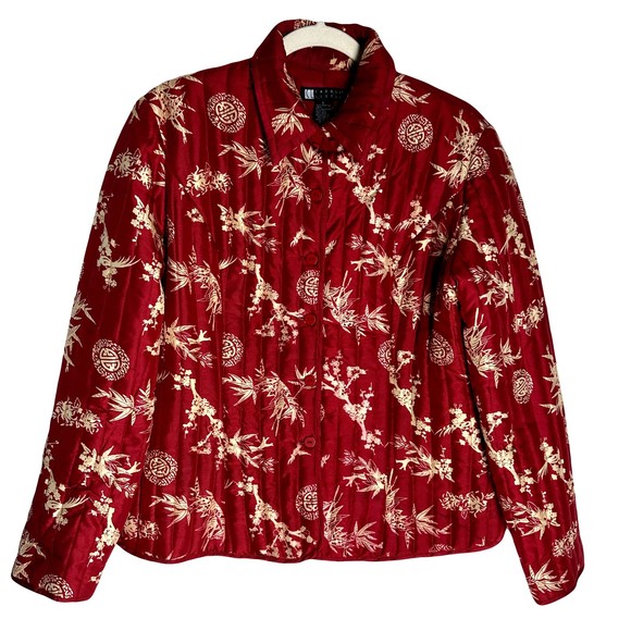 CAROLE LITTLE Womens Mandarin Print Blazer Jacket Size L Red Silk Button Down - Picture 1 of 8